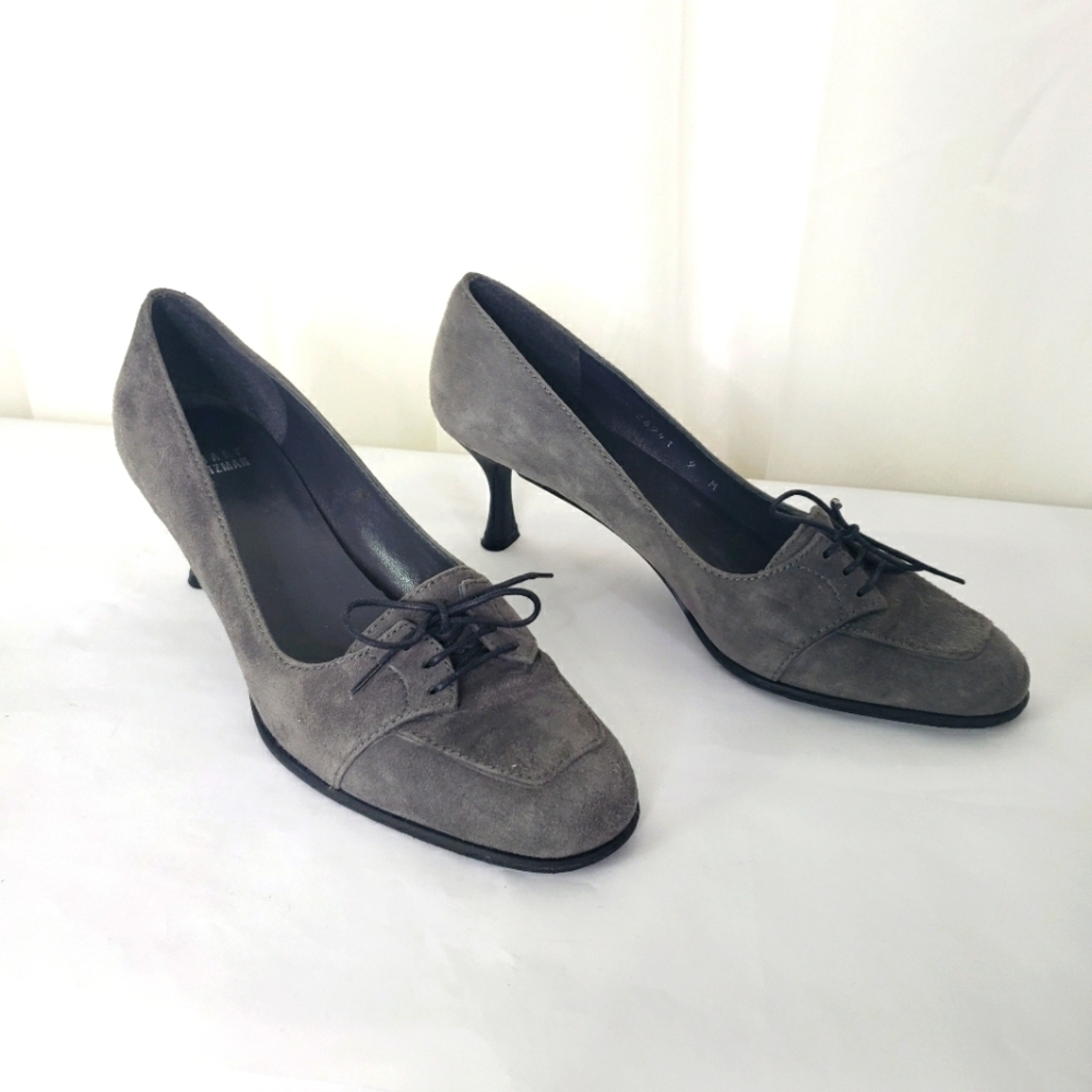 Stuart Weitzman Tidings charcoal gray suede leather heel pump lace tie size 9